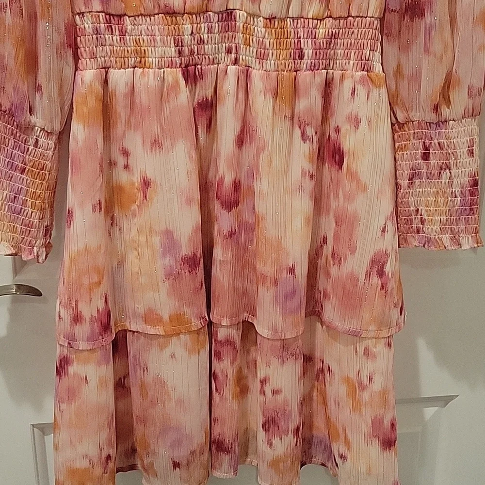 Aqua Pink and Orange Ruffled Tiered Long Sleeve Dress - Picture 7 of 10